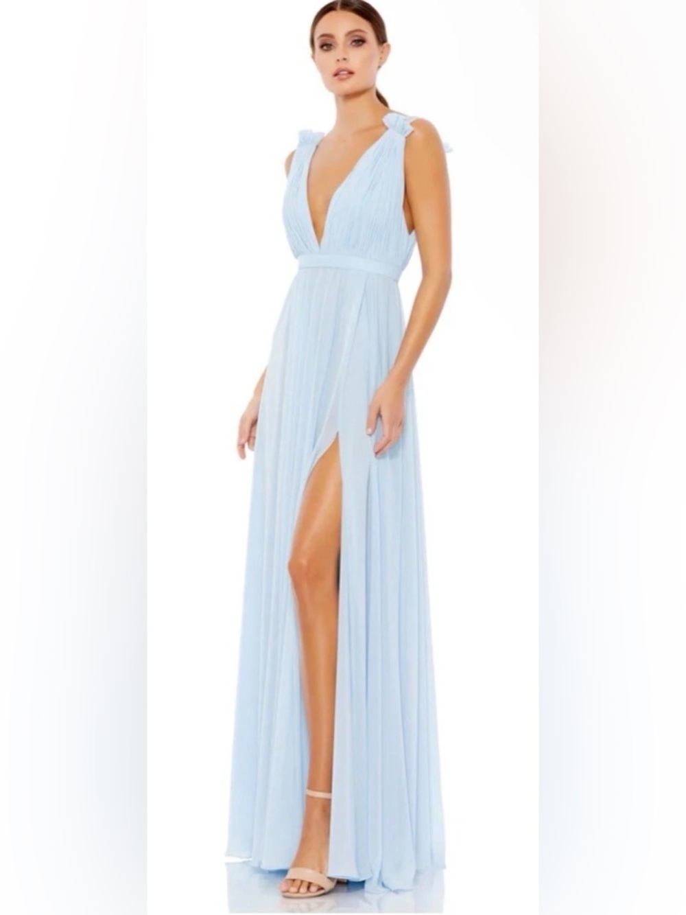 Mac Duggal Plunge V Neck Chiffon Grecian Full Length Slit Gown Powder Blue Sz 2